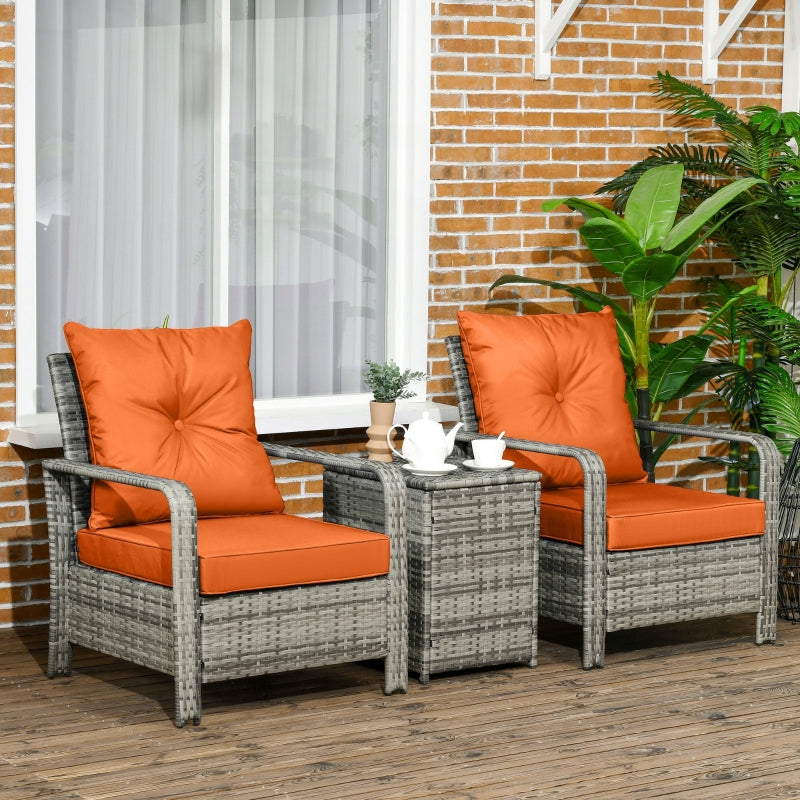 Outsunny 3 pcs PE Rattan Wicker Garden Furniture Patio Bistro Set Weave Conservatory Sofa Storage Table and Chairs Set Orange Cushion, Mixed Grey