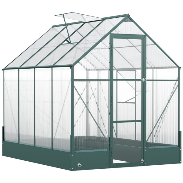 Outsunny Garden Walk-in Aluminium Greenhouse Polycarbonate with Plant Bed ,Temperature Controlled Window, Foundation, 6 x 8ft