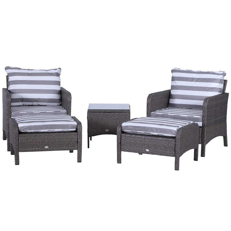 Outsunny 2 Seater PE Rattan Garden Furniture Set, 2 Armchairs 2 Stools Glass Top Table Cushions Wicker Weave Chairs Outdoor Seating