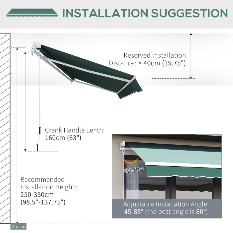 Outsunny 2.5m x 2m Garden Patio Manual Awning Canopy Sun Shade Shelter Retractable with Winding Handle Green