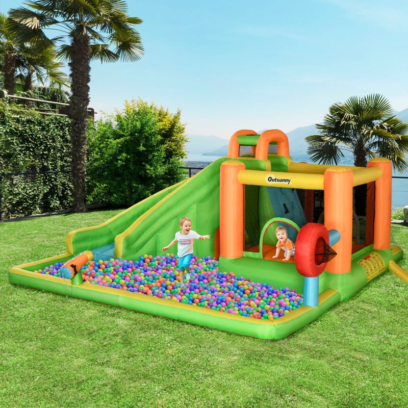 Outsunny 7 in 1 Kids Bouncy Castle Water Slide Bounce House Includes Slide, Trampoline, Pool, Water Gun, Ball-target, Boxing Post Tunnel w/Air Blower