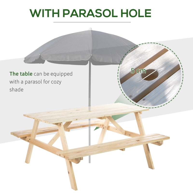 Outsunny 4 Seater Wooden Picnic Table Bench for Outdoor Garden or Patio w/ Parasol Cutout 150 cm