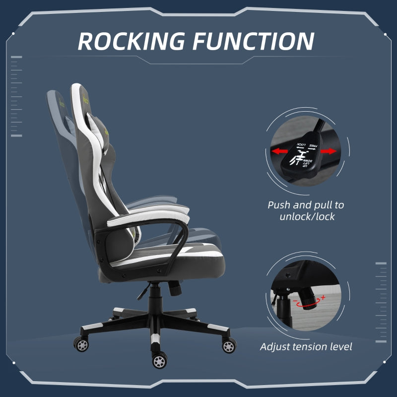 Vinsetto Racing Gaming Chair with Lumbar Support, Headrest, Swivel Wheel, PVC Leather Gamer Desk Chair for Home Office, Grey White