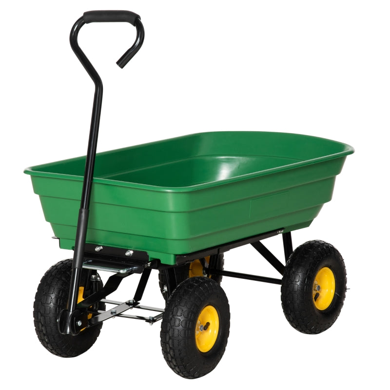 Outsunny 75 Litre Large Garden Cart Heavy Duty 4 Wheel Trolley Dump Wheelbarrow Tipping Truck Trailer - Green