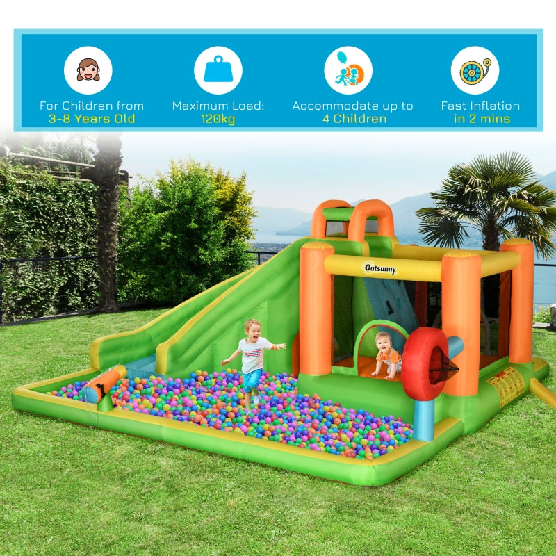 Outsunny 7 in 1 Kids Bouncy Castle Water Slide Bounce House Includes Slide, Trampoline, Pool, Water Gun, Ball-target, Boxing Post Tunnel w/Air Blower