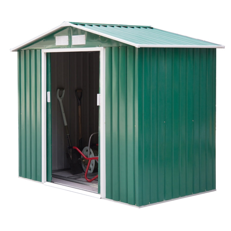 Outsunny 7ft x 4ft Lockable Garden Shed Large Patio Roofed Tool Metal Storage Building Foundation Sheds Box Outdoor Furniture, Green