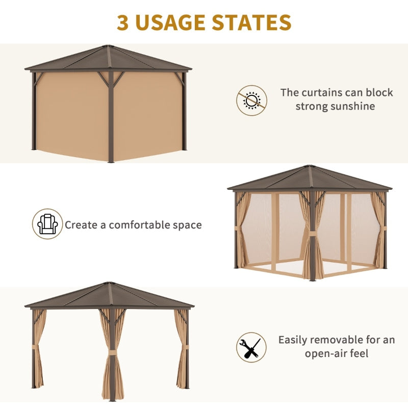 Outsunny 3 x 3 Meters Patio Aluminium Gazebo Hardtop Metal Roof Canopy Party Tent Garden Outdoor Shelter with Mesh Curtains & Side Walls - Brown