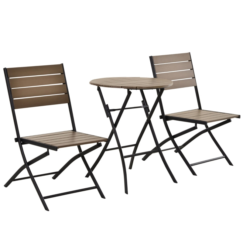 Outsunny 3 Pcs Folding Bistro Dining Set 2 Single Chair 1 Dining Table Metal Frame Plastic Panel Slatted Compact Garden Outdoor Apartment Black&Brown