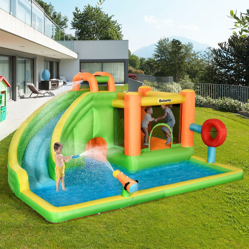 Outsunny 7 in 1 Kids Bouncy Castle Water Slide Bounce House Includes Slide, Trampoline, Pool, Water Gun, Ball-target, Boxing Post Tunnel w/Air Blower