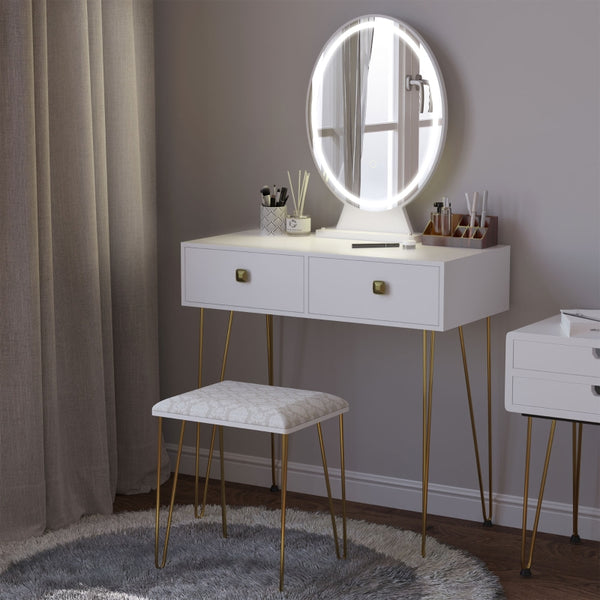 HOMCOM Dressing Table Set with LED Light, Round Mirror, Vanity Makeup Table with 2 Drawers and Cushioned Stool for Bedroom, White