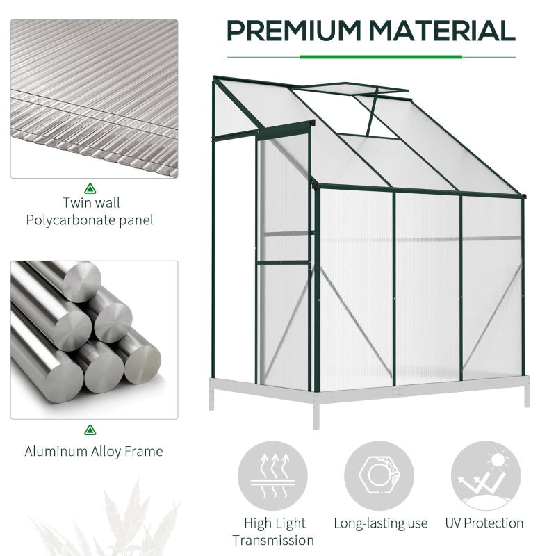 Outsunny Walk-In Lean to Greenhouse Garden Heavy Duty Aluminium Polycarbonate with Roof Vent for Plants Herbs Vegetables, Green, 192 x 127 x 220 cm