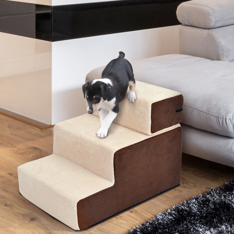 PawHut Deluxe Pet Stairs 3 Steps Dog Cat Soft Padded Covered Staircase