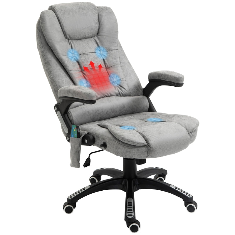 Vinsetto Massage Recliner Chair Heated Office Chair with Six Massage Points Microfiber Cloth 360° Swivel Wheels Grey