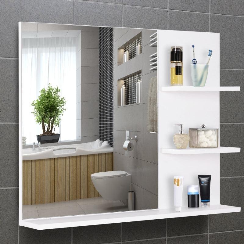 kleankin Modern Bathroom Mirror, Wall-mounted Vanity Mirror with 3 Tiers Storage Shelves for Make Up, White