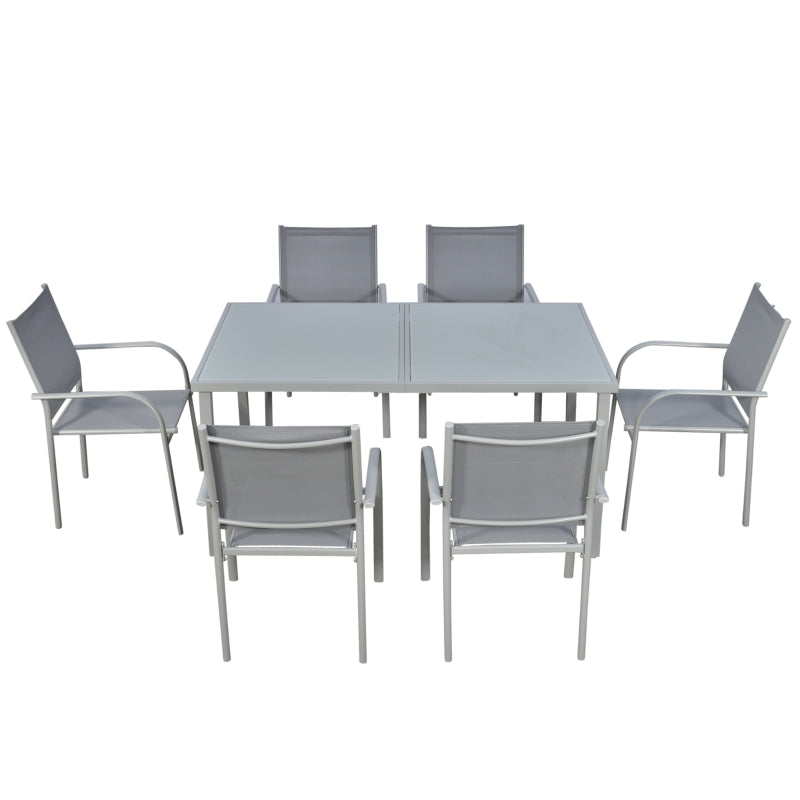 Outsunny 7 Piece Garden Dining Set, Outdoor Table and 6 Stackable Chairs, Steel Frame, Tempered Glass Top Table, Mesh Seats, Grey