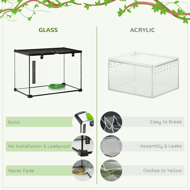 PawHut 50 x 30 x 35 cm Reptile Glass Terrarium, Reptile Breeding Tank, Climbing pet Glass Containers, Arboreal Box, with Strip Patch Thermometer-Black