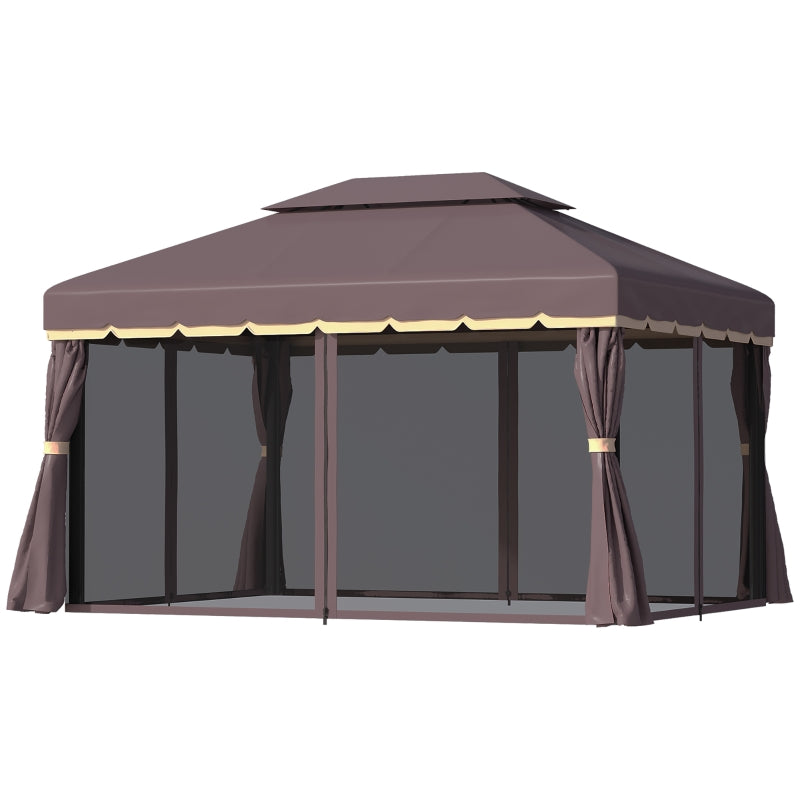 Outsunny 3 x 4m Aluminium Alloy Gazebo Marquee Canopy Pavilion Patio Garden Party Tent Shelter with Nets and Sidewalls - Coffee