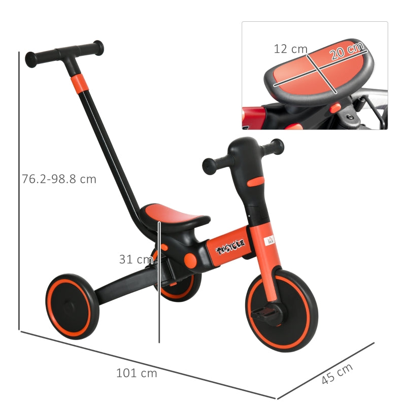 HOMCOM 4-in-1 Tricycle for Kids, Baby Trike with Adjustable Push Handle, Detachable Foot Rest for 18-60 Months, Red