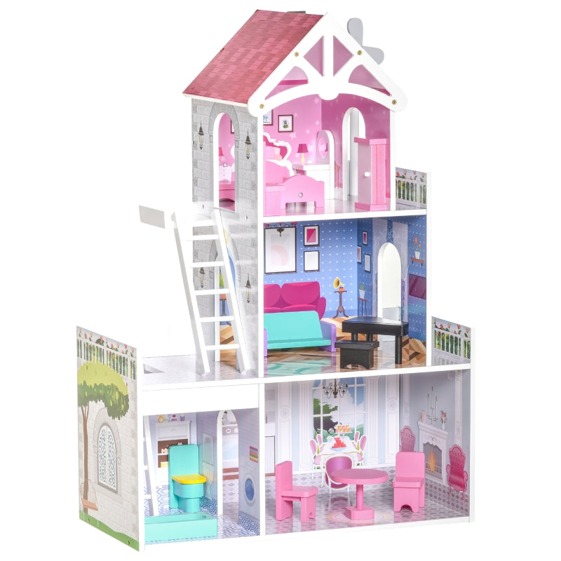 HOMCOM Kids Dollhouse Dreamhouse Villa for Toddler Girls Multi-level House for Children with Furniture Accessories Kit Pink