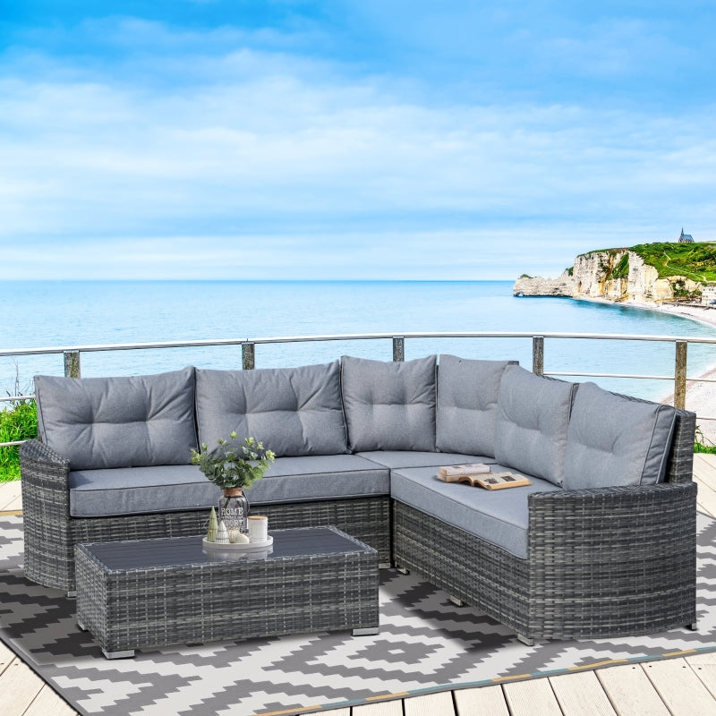 Outsunny 5-Seater Outdoor PE Rattan Sofa Set, Patio Wicker Sectional Conversation Aluminium Frame Corner Sofa Set w/ Padded Cushion, Mixed Grey