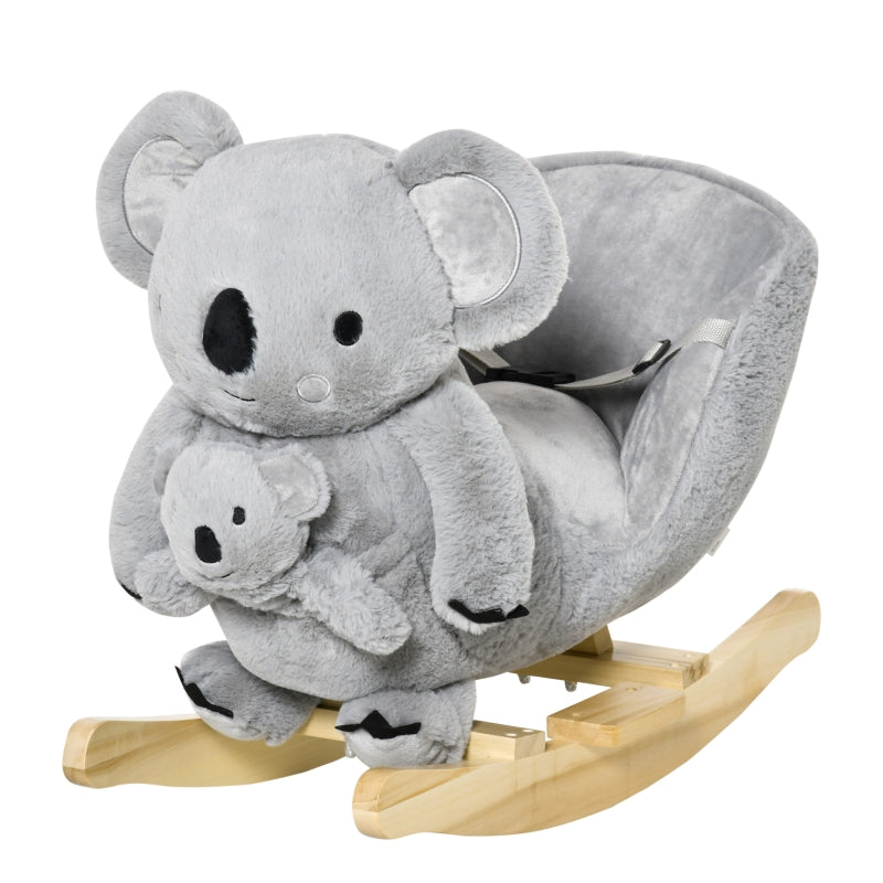 HOMCOM Kids Plush Ride-On Rocking Horse Koala-shaped Plush Toy Rocker with Gloved Doll Realistic Sounds for Child 18-36 Months Grey