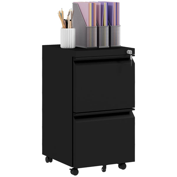 Vinsetto 2-Drawer Mobile Filing Cabinet on Wheels, Steel Lockable File Cabinet with Adjustable Hanging Bar for Letter, A4 and Legal Size, Black