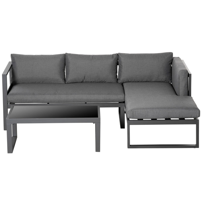 Outsunny 3-Seater L-shape Garden Corner Sofa Set with Padded Cushions, Outdoor Conversation Furniture Set with Glass Coffee Table, Grey