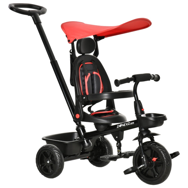 HOMCOM 4 in 1 Baby Tricycle Toddler Stroller Foldable Pedal Tricycle w/ Reversible Angle Adjustable Seat Removable Handle Canopy Handrail Belt-Red