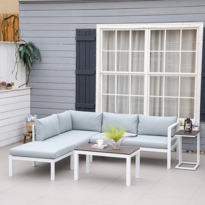 Outsunny 5-Piece L-shaped Garden Furniture Set, Aluminium Conversation Set, Corner Sofa Set with Coffee Table End Table Cushions, White Frame