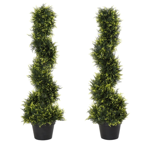 Outsunny Set Of 2 Artificial Tree 90cm/3FT Artificial Spiral Topiary Trees w/ Pot Fake Indoor Outdoor Greenery Plant Home Office Garden Décor Green