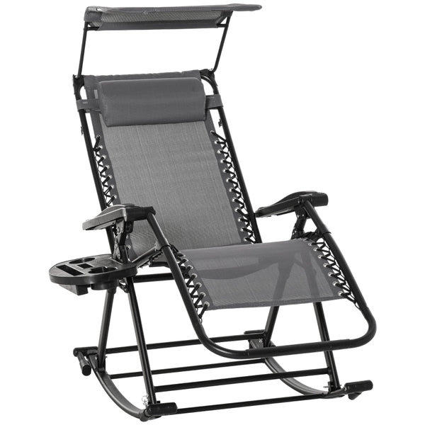 Outsunny Garden Rocking Chair Folding Recliner Outdoor Adjustable Sun Lounger Rocker Zero-Gravity Seat with Headrest Side Holder Patio Deck - Grey