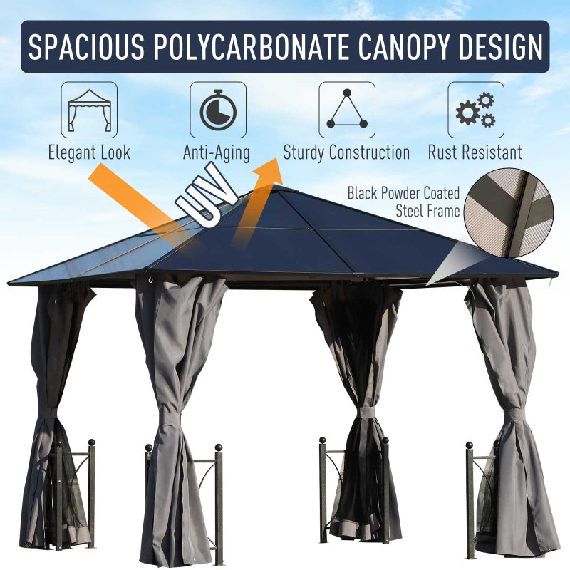 Outsunny 3 x 3(m) Hardtop Gazebo Canopy with Polycarbonate Roof, Steel & Aluminium Frame, Garden Pavilion with Mosquito Netting and Curtains, Black