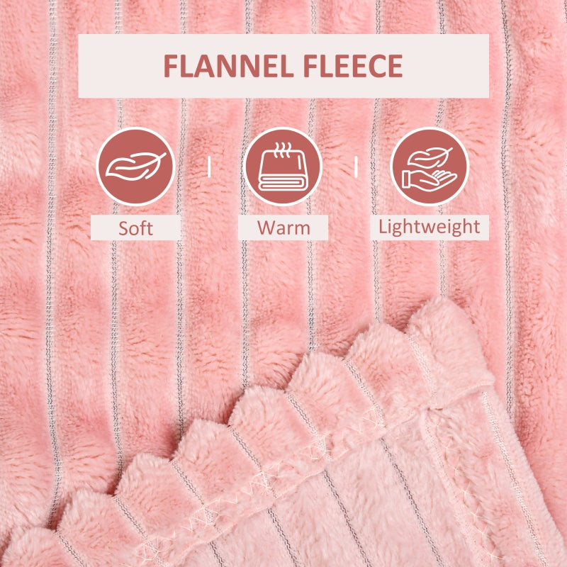 HOMCOM Flannel Fleece Throw Blanket, Fluffy Warm Throw Blanket, Striped Reversible Travel Bedspread, Single Size, 152 x 128cm, Pink