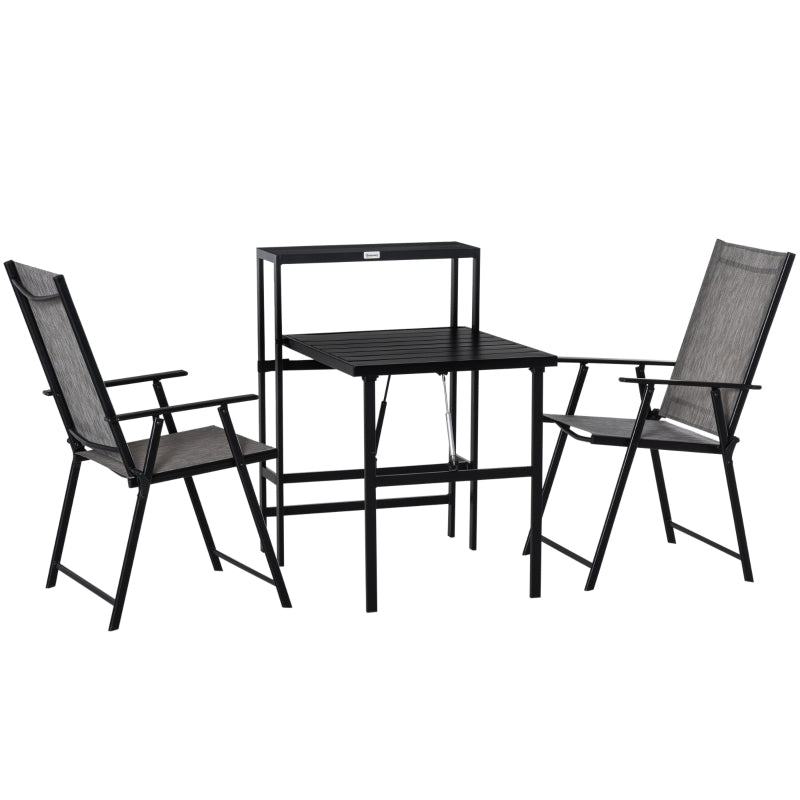 Outsunny 3 Pcs Folding Garden Furniture Set, Foldable Table and 2 Chairs Set w/ Side Shelf, Metal Frame, Indoor Outdoor Patio Balcony