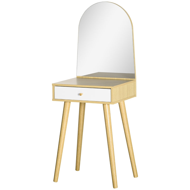 HOMCOM Modern Dressing Table with Large Mirror and Storage Drawer, Compact Vanity Table for Bedroom, Natural