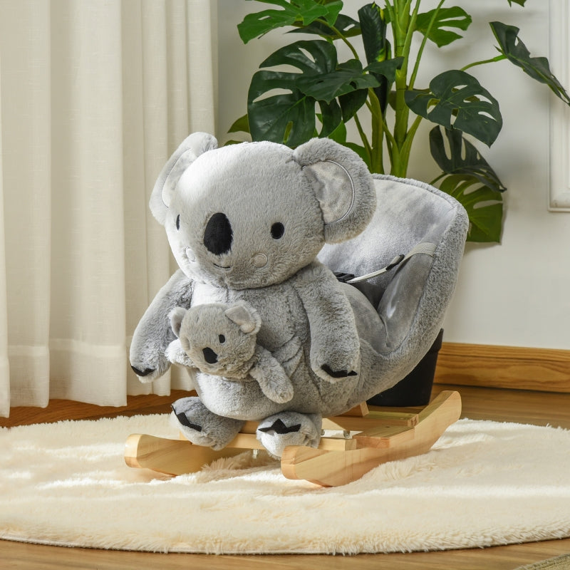 HOMCOM Kids Plush Ride-On Rocking Horse Koala-shaped Plush Toy Rocker with Gloved Doll Realistic Sounds for Child 18-36 Months Grey