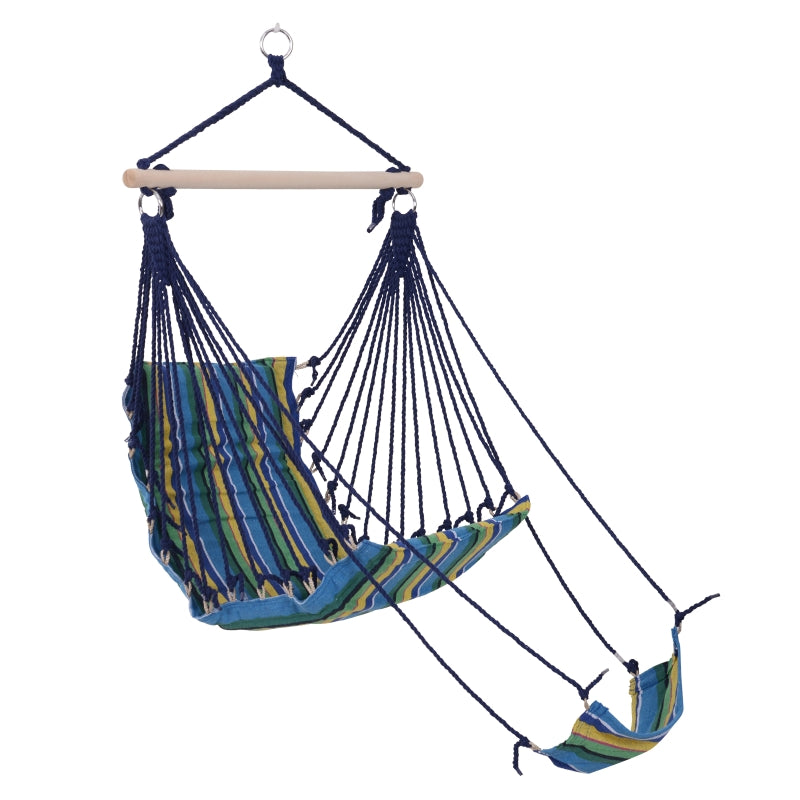 Outsunny Outdoor Hammock Hanging Rope Garden Yard Patio Swing Chair Seat Woodenwith Footrest Cotton Cloth Blue Stripe