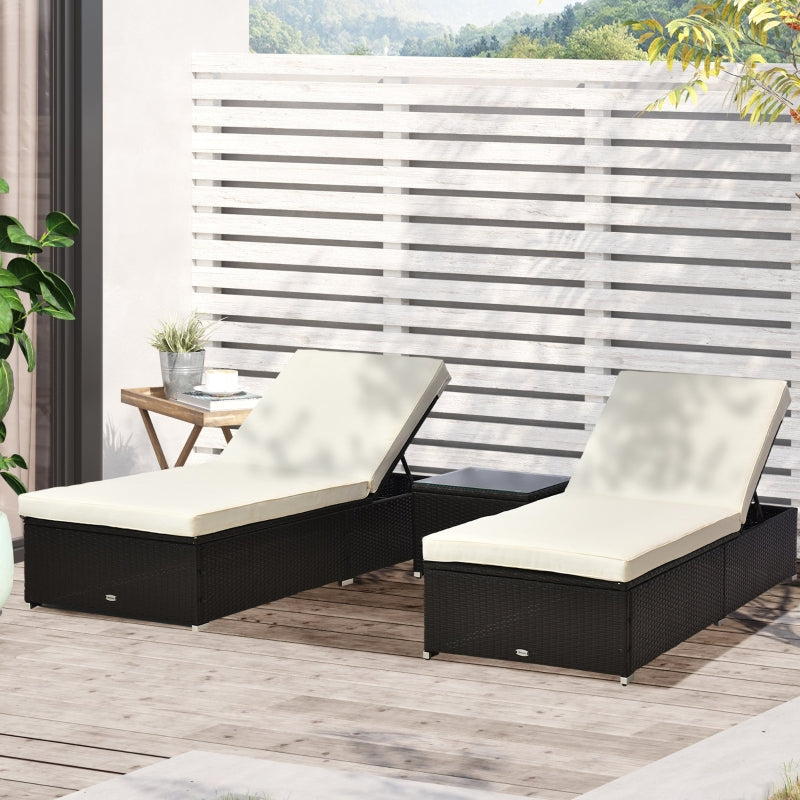 Outsunny 3PC Rattan Sun Lounger Garden Outdoor Wicker Recliner Bed Side Table Set  Patio Furniture Dark Coffee