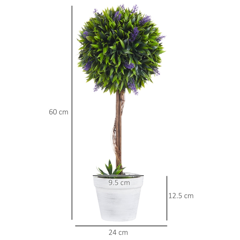 HOMCOM Set of 2 Decorative Artificial Plants Ball Trees with Lavender Flowers in Pot Fake Plants for Home Indoor Outdoor Decor, 60cm