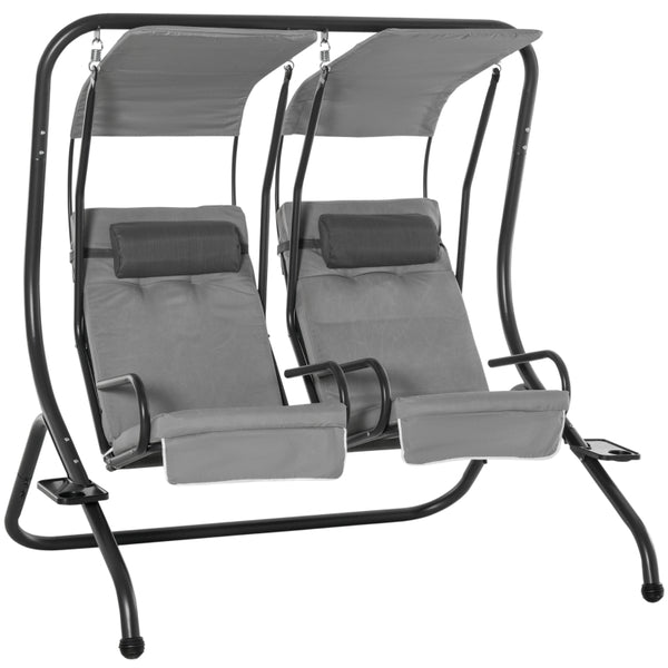 Outsunny Double Seat Swing Chair Modern Garden Swing w/ 2 Separate Relax Chairs, Handrails, Headrests and Removable Canopy, Grey