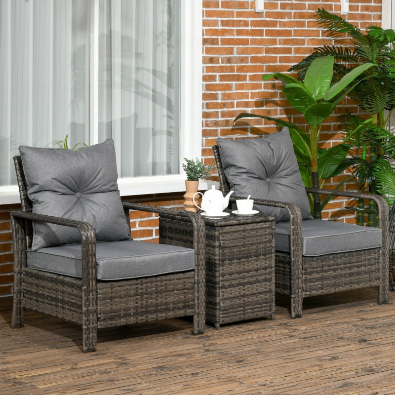 Outsunny 3 pcs PE Rattan Wicker Garden Furniture Patio Bistro Set Weave Conservatory Sofa Storage Table and Chairs Set Grey Cushion & Wicker