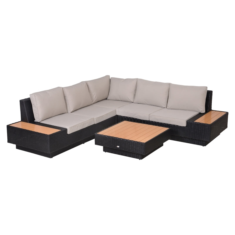 Outsunny 5-Seater Rattan Garden Furniture Outdoor Sectional Corner Sofa and Coffee Table Set  Conservatory Wicker Weave w/ Armrest and Cushions, Black