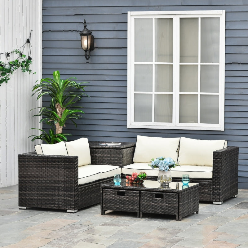 Outsunny 4-Seater Rattan Garden Furniture Patio Sofa Set Storage & Table Set w/ 2 Drawers Coffee Table & Corner Sofa, Brown