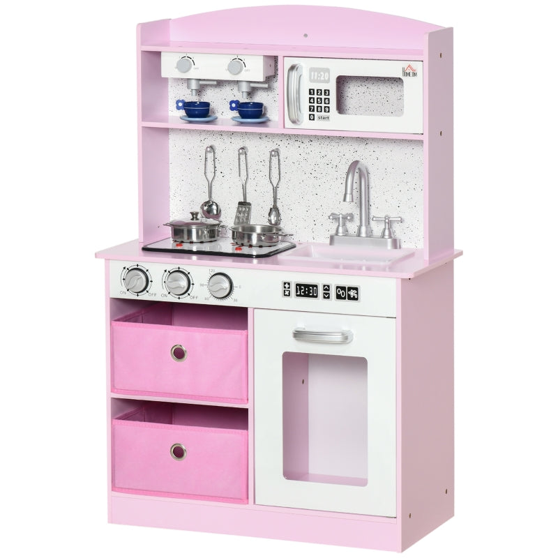 HOMCOM Wooden Play Kitchen with Lights and Sound, Kids Kitchen Playset with Coffee Maker Microwave Sink Utensils Storage Bins, Pretend Role Play Pink