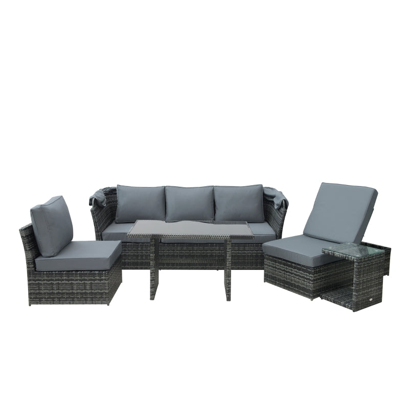 Outsunny 5-Seater Outdoor Rattan Garden Sofa Sets Reclining Sofa Adjustable Canopy & Side Dining Table Set, Mixed Grey