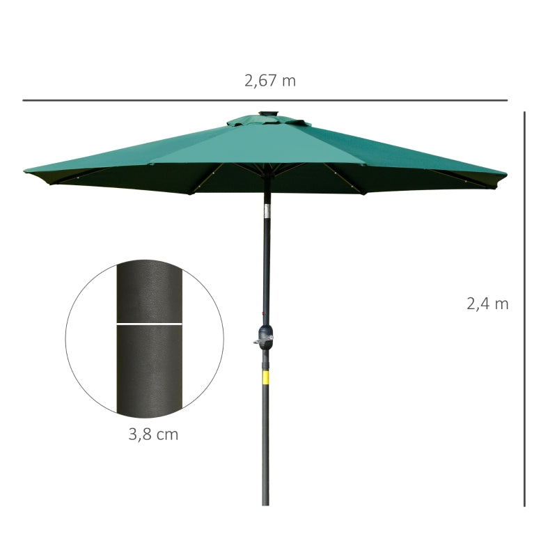 Outsunny 2.7m Garden Parasol, Patio LED Umbrella with Push Button Tilt/Crank 8 Rib Sun Shade for Outdoor Table Market Umbrella Green