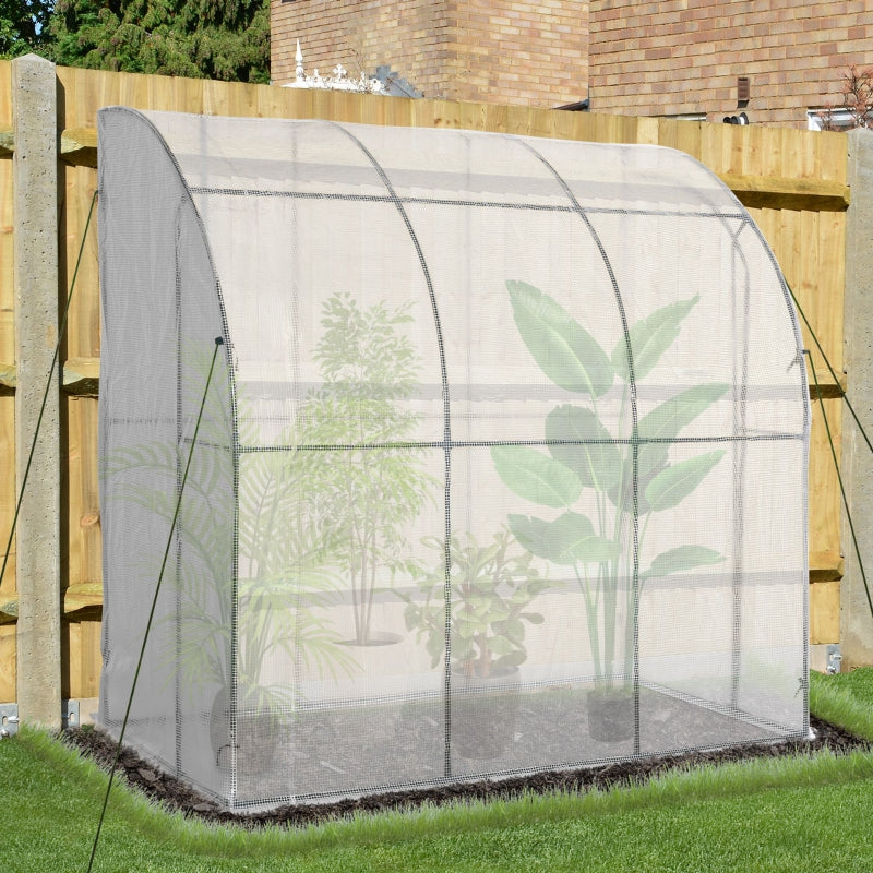 Outsunny Outdoor Walk-In Lean to Wall Greenhouse with Zippered Roll Up Door and PE Cover, 214L x 118W x 212Hcm, White