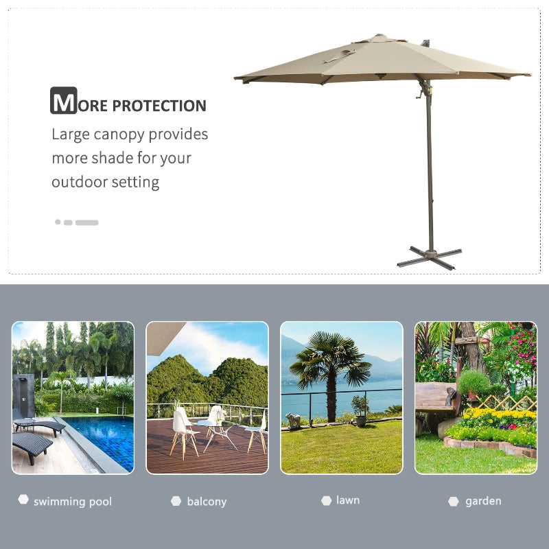 Outsunny 3M Cantilever Patio Parasol Roma Umbrella Hanging Sun Shade Canopy Cover Tilt Crank 360 Degree Rotating System Khaki