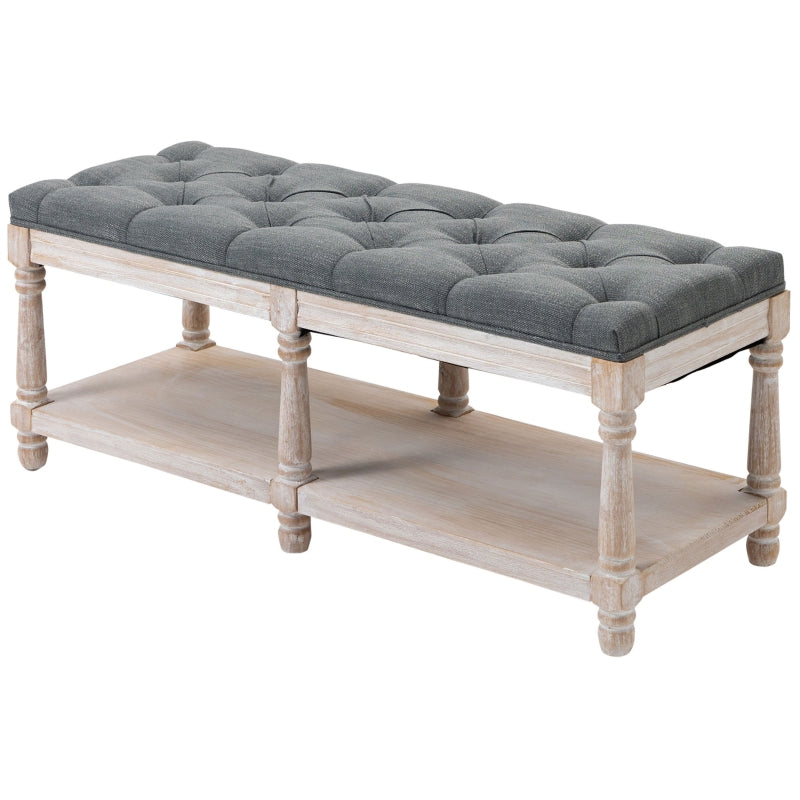 HOMCOM 2 Tier Shoe Rack Bench with Button Tufted Upholstered Cushion, Vintage Bed End Bench, Wooden Window Seat for Hallway, Living Room, Bedroom-Grey