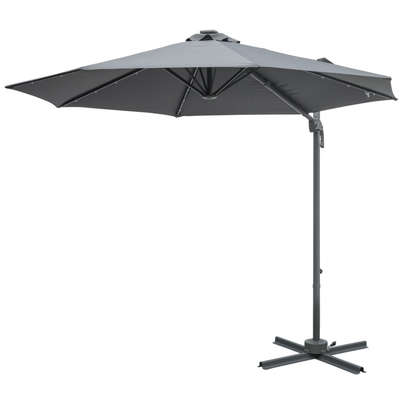 Outsunny 3(m) Square Outdoor Umbrella Patio Sun Umbrella with Crank & Tilt LED Solar Light Cross Base 360° Rotating Outdoor, Dark Grey